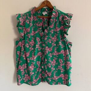 J. Crew Factory Ruffle Collar Sleeveless Blouse Pink Green Floral XL Summer Prep